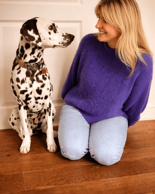 Blonde Frau und Dalmatiner im Wohnzimmer (1)